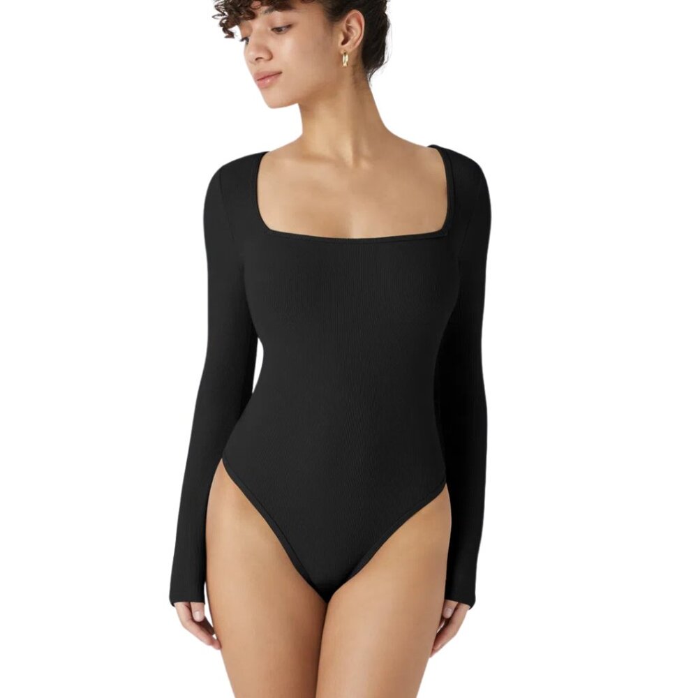HALARA Ribbed Knit Square Neck Long Sleeve Black Bodysuit Small NWOT